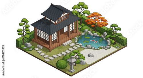 Isometric serene japanese garden with traditional house and koi pond view