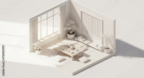 Isometric serene living space with bonsai and tea set under sunlight beams