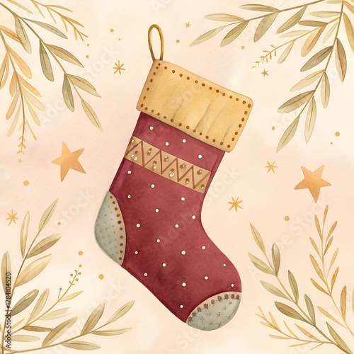 Watercolor red Christmas stocking with gold accents, white stars, and eucalyptus on a warm cream background, evoking classic festive charm and cozy traditional holiday warmth
