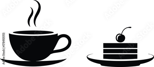 Coffee, tea, hot drink, layered cake, cherry topping, dessert plate, cafe snack, black and white, silhouette, relaxing moment