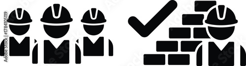 Black silhouette vector illustration set of construction workers teamwork icons with hard hats, brick wall, and quality assurance checkmark