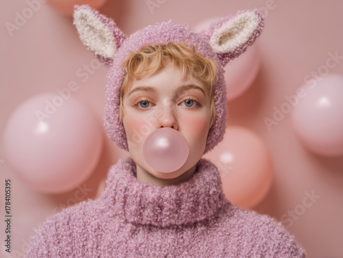 A girl in a reindeer costume, looking beautiful, is all set for a New Year's party with green and pink Christmas decorations