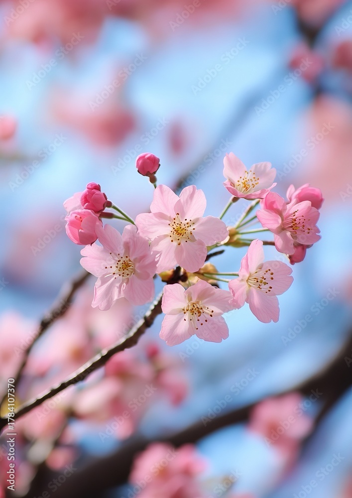 Obraz premium Close-up of delicate pink cherry blossoms against a soft blue sky