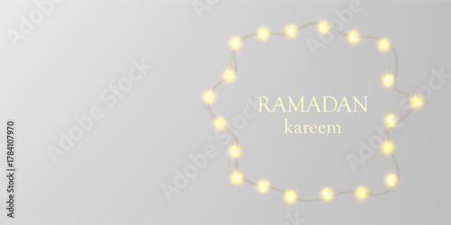 Star moon light garland wreath, fairy bulbs vector holiday card. Ramadan Kareem typography in shiny border. Wired crescent lamps glow around text, glitter ribbon ornament. Bright warm lightbulb banner