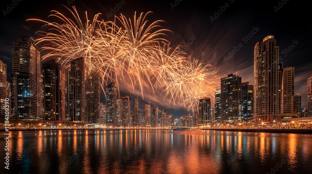 Obraz premium fireworks over city skyline at night