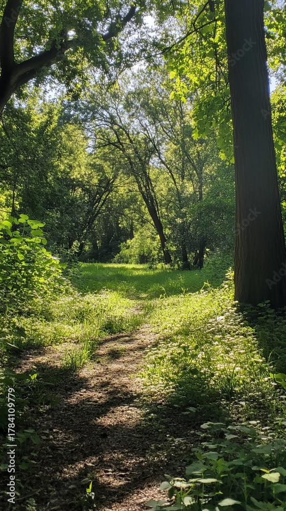 Fototapeta premium Sun-dappled path through a lush forest