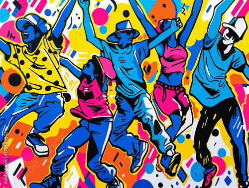 ポップアート風の街の壁画に描かれた音楽に合わせてジャンプする喜びあふれる観客