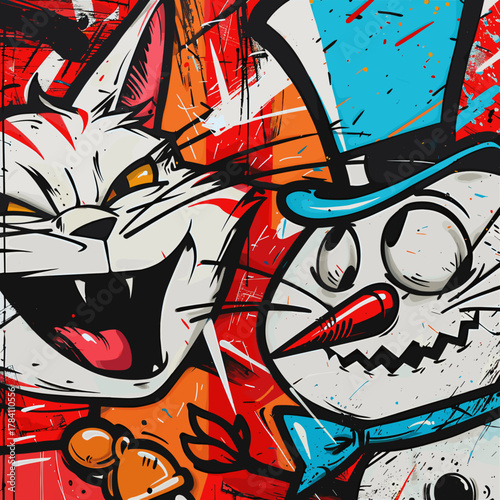 ポップグラフィティ風の猫と雪だるまの表現豊かなブラシアート