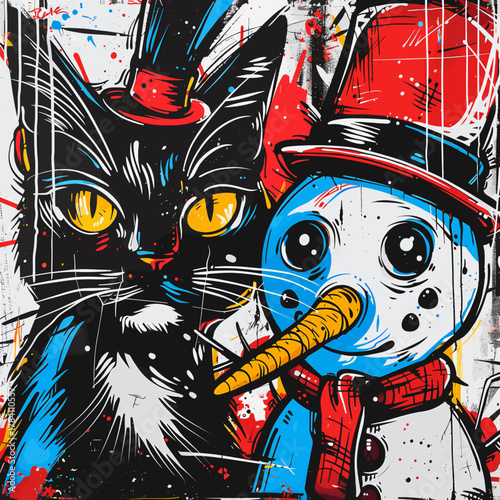 ポップなグラフィティ風の猫と雪だるまのイラスト