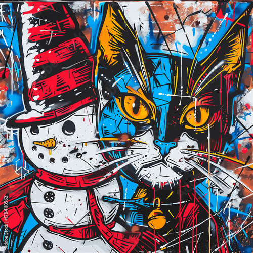 表現豊かなブラシで描かれた猫と雪だるまのポップなグラフィティアート