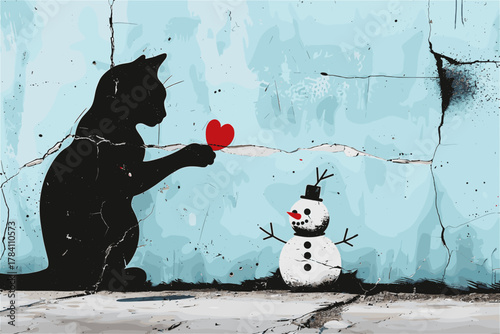 猫の影が雪だるまに触れるストリートアートの壁画