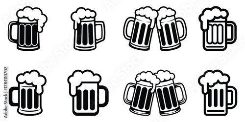 Frothy beer mugs silhouette, Beer glass silhouette icon, Beer Overload with Foam, beer mugs, each overflowing with foam head, suitable for celebrations, Vector illustration