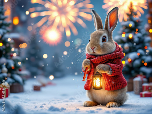 A winter holiday card featuring a red-scared bunny in a snowy village, surrounded by Christmas trees and twinkling lights The bunny holds lanterns and faces towards an unseen area whil - AI-Generated