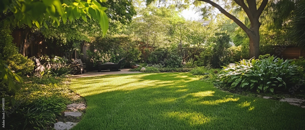 Naklejka premium Lush backyard garden with sunlight filtering through trees