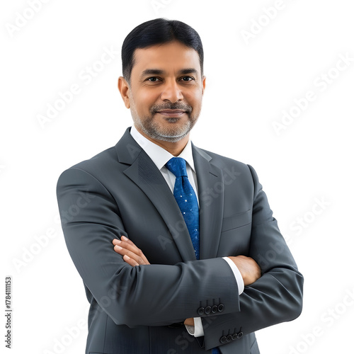 Confident middle-aged Indian businessman in formal suit with blue tie standing with folded arms, smiling professionally, isolated portrait representing success, leadership and corporate confidence