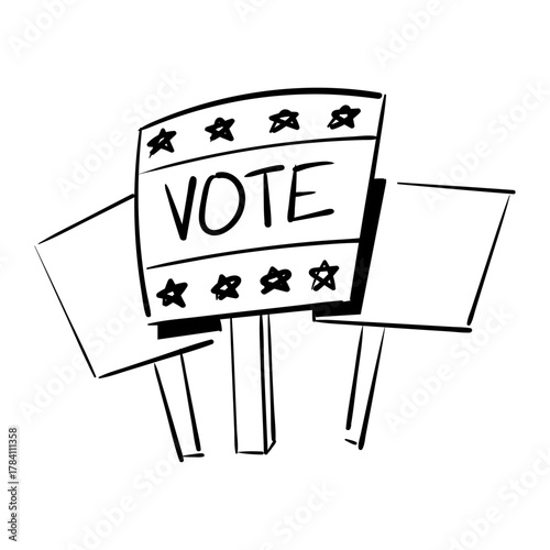 Election signs with the word vote on a central sign and empty signs on the sides