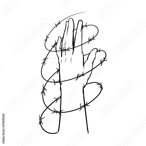 Barbed Wire Wrapped Around a Human Hand, Symbolizing Entrapment and Struggle