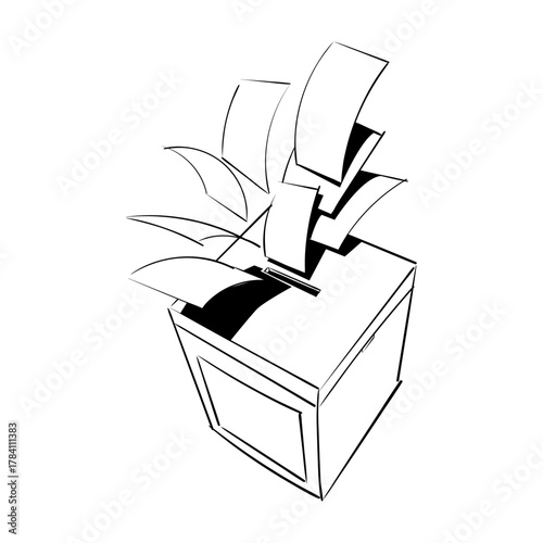 Hand drawn sketch of a ballot box with papers being dropped in, representing voting and democracy
