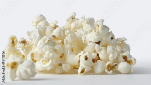 Close up of fluffy popcorn on a white background