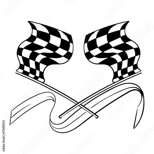 Victory Flags Crossed with Ribbon Celebrating Racing Triumph and Achievement