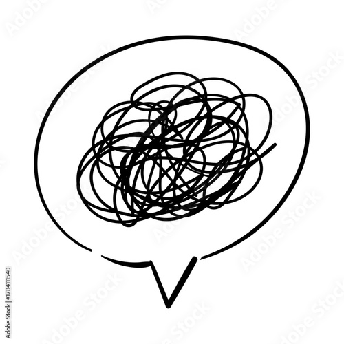 Hand-drawn speech bubble icon with a tangled scribble representing confusing thoughts and communication breakdown