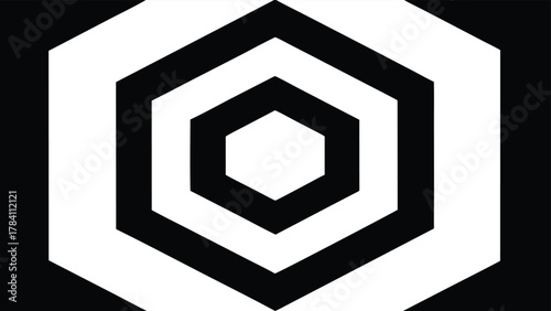 Abstract black and white geometric hexagon design with repeating shapes and contrasting elements