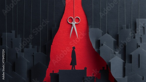 paper cut illustration of a person under scissors in a city