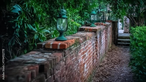 Brick wall and lanterns outdoor scene with greenery and pathway