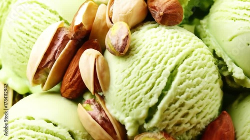 Close up of pistachio ice cream scoops with mixed nuts overhead