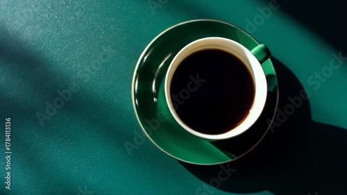 Overhead view of coffee in a green cup on a green saucer
