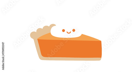 A cartoon illustration of a slice of pumpkin pie with a smiling dollop of whipped cream on top.
