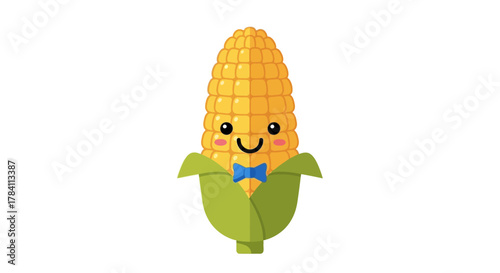 A cute cartoon illustration of a smiling ear of corn wearing a blue bow tie.