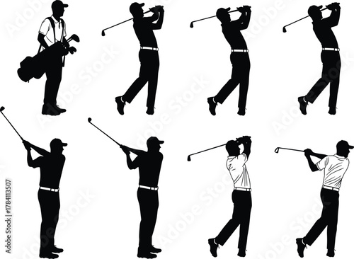 Silhouette of golfer swing sequence, golf posture study, black figure, golf bag, swing motion, athletic stance, sports illustration, training poses