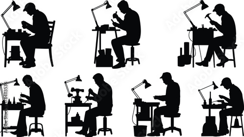 Silhouette of focused worker at desk, precision craft activity, lamp lighting, repetitive task, manual work, artistic posture, creative workspace, black figure illustration