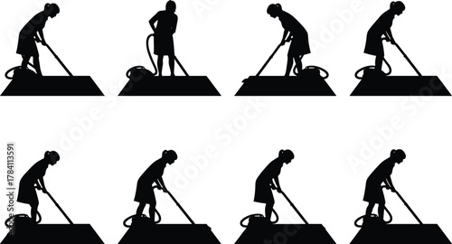 Silhouette of person vacuuming carpet, cleaning poses, black figure, household chore, vacuum cleaner motion, home maintenance, posture variation, domestic activity