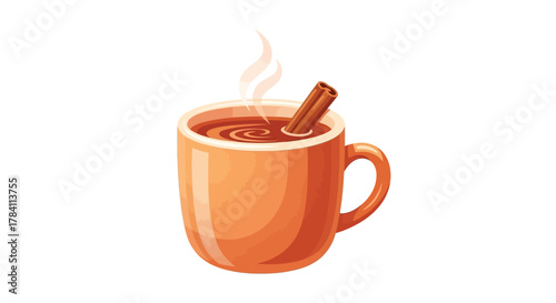 A steaming mug of hot beverage, likely tea or cider, with a cinnamon stick garnish.