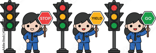 Traffic light education illustration, cartoon road safety characters, stop yield go signal icons, playful pedestrian awareness graphic, stylized transportation learning design