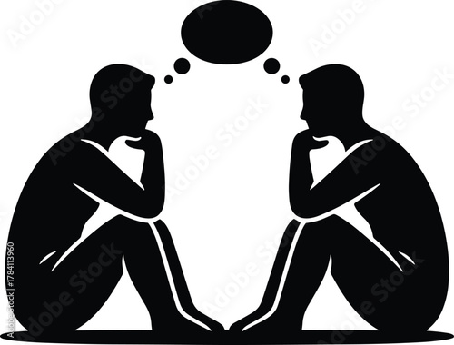Two people sharing thought bubble, silhouette illustration, black and white vector, mutual understanding, communication concept, empathy pose, minimal style, seated figures