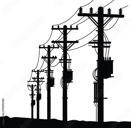 Utility pole silhouette illustration, black and white power line icons, electrical distribution graphic, transformer infrastructure art, stylized energy grid design, voltage network