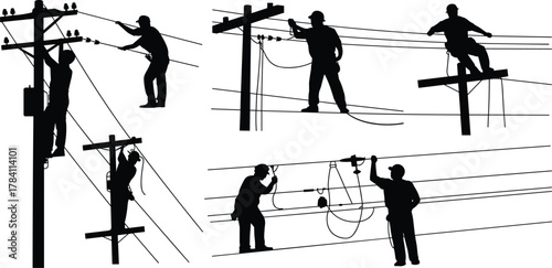 Utility workers, power line maintenance, electrical pole repair, linemen silhouettes, safety gear, high voltage, infrastructure service, teamwork, harness, helmet, outdoor job, skilled labor
