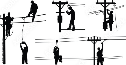 Utility workers on power lines, silhouette illustration, electrical maintenance, transformer repair, safety gear, teamwork, black and white, infrastructure, skilled labor, pole climbing
