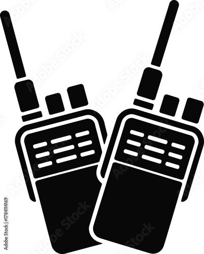 Walkie-talkie silhouette illustration, black and white communication device icons, handheld radio graphic, stylized emergency gear art, short-range transmitter design, tech equipment set