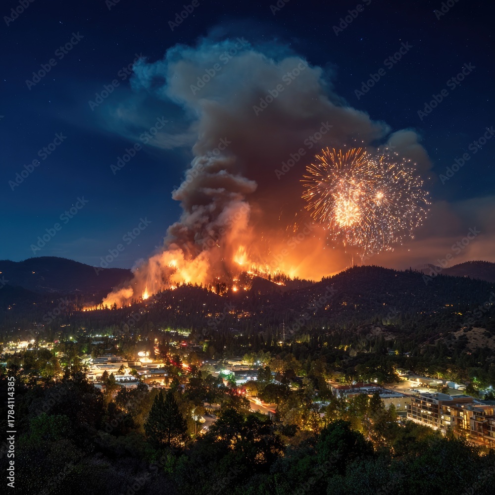Fototapeta premium Nighttime wildfire over town, fireworks explode