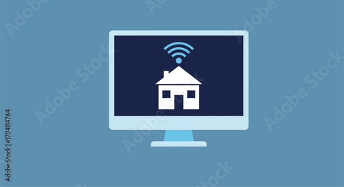 A computer screen displays a white house with a wifi signal silhouette