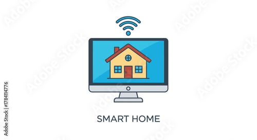 Digital display showing a house with connectivity signals a smart home silhouette