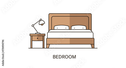 Simple bedroom interior with bed nightstand and lamp flat design silhouette