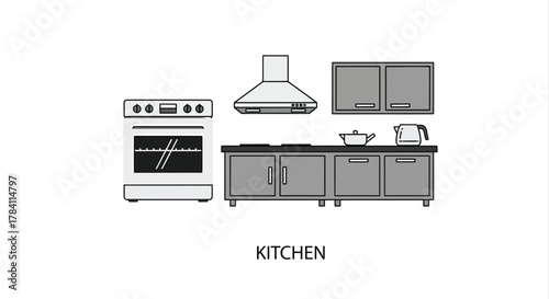 A simple kitchen setup with appliances and cabinets black silhouette