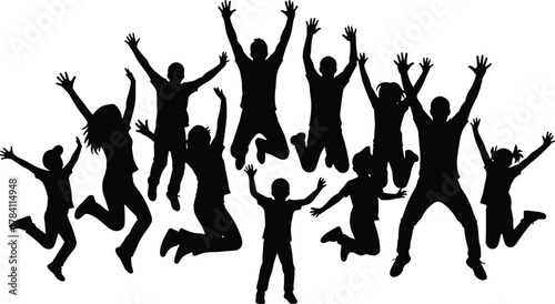 Jumping group silhouette, family and children celebrating, black and white vector, joy and unity concept, minimal illustration, energetic pose