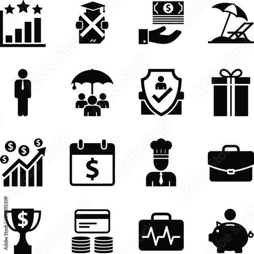 Multi-theme icon set, finance, education, health, leisure, business symbols, black and white, vector grid, lifestyle concept, professional icons