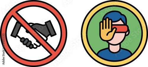 No handshake icon, privacy symbol, visual restriction, safety rules, health guideline, cartoon signs, prohibition message, awareness design, symbolic warning, pandemic caution, alert